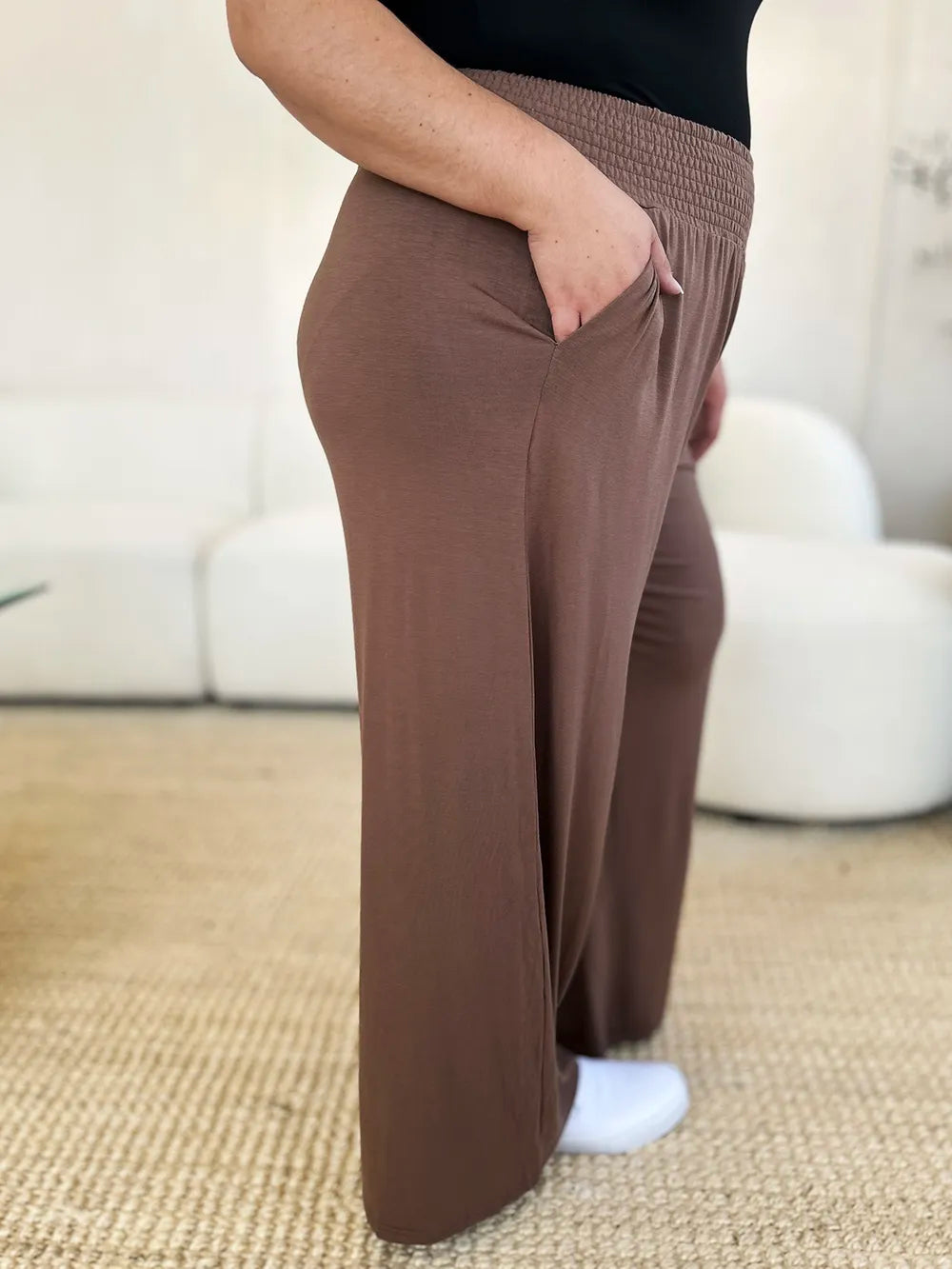 Smocked wide-waistband wide-leg jersey pants with pockets