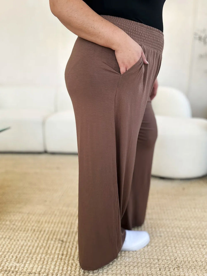 Smocked wide-waistband wide-leg jersey pants with pockets