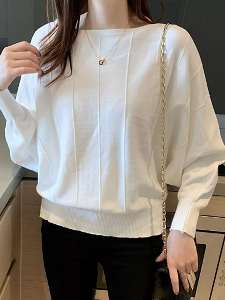 Boat neck batwing sleeve knit pullover with ribbed hem