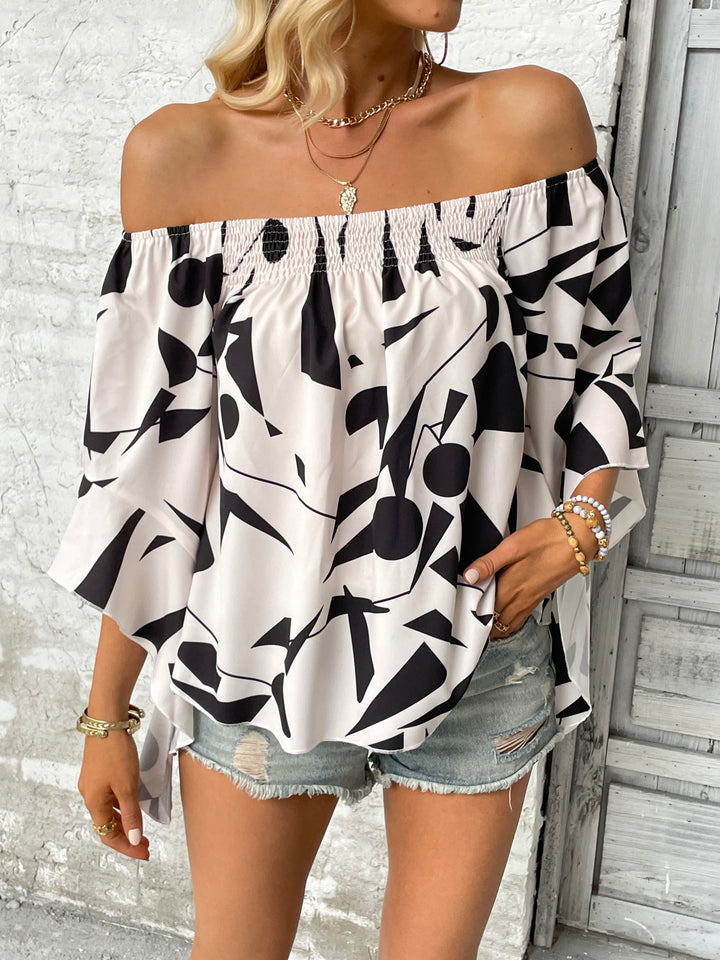 Geometric print off-shoulder bell sleeve blouse