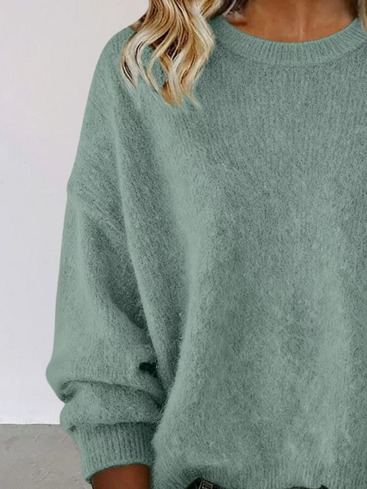 Dropped-shoulder crew neck knit sweater with ribbed trim
