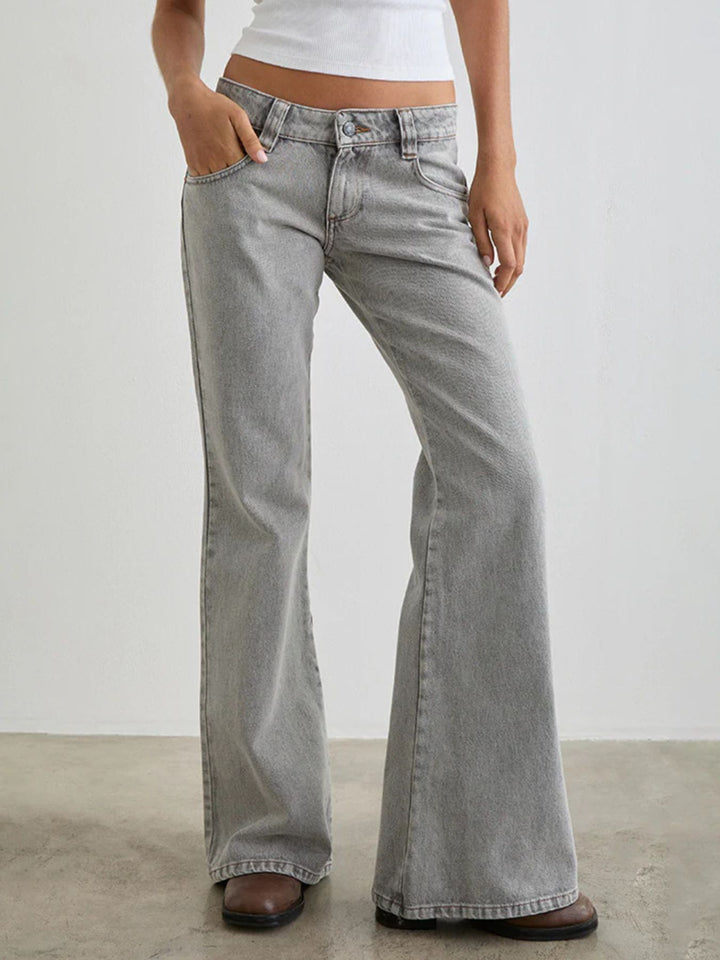 Light Gray Low-rise washed denim flare leg jeans with 5-pocket styling