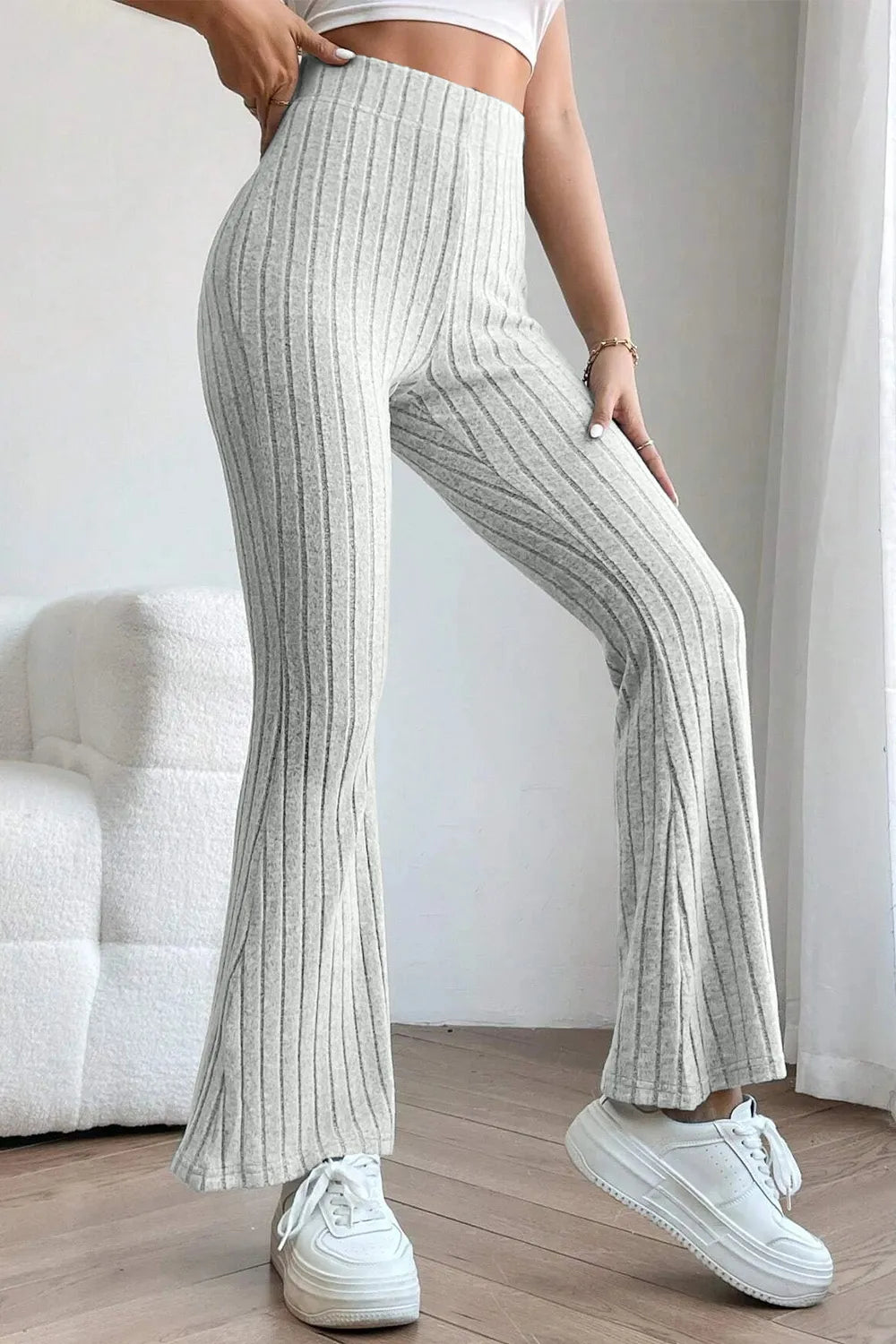 Ribbed knit high-waist flare pants with pull-on waist