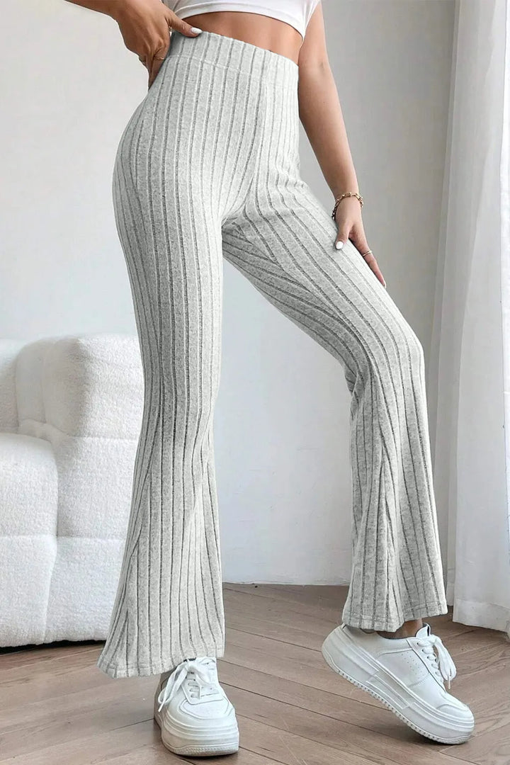 Ribbed knit high-waist flare pants with pull-on waist