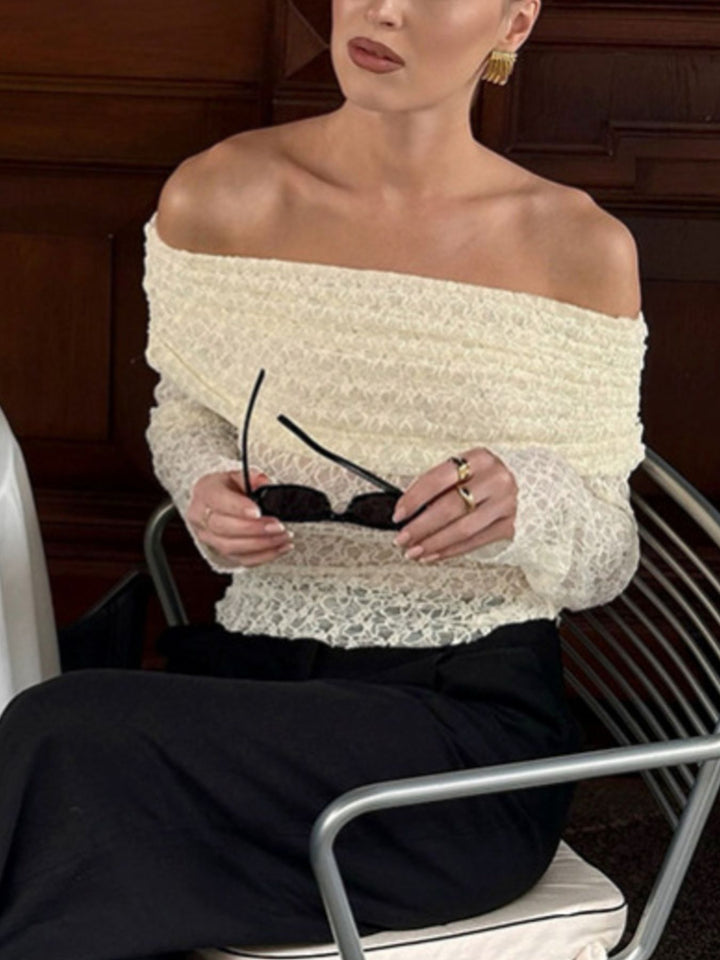 Off-shoulder ruched lace top with long sleeves