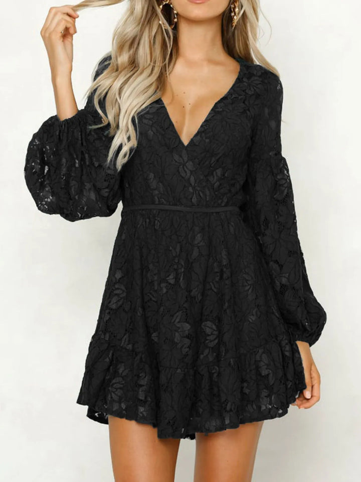 Black Floral lace V-neck long sleeve mini dress