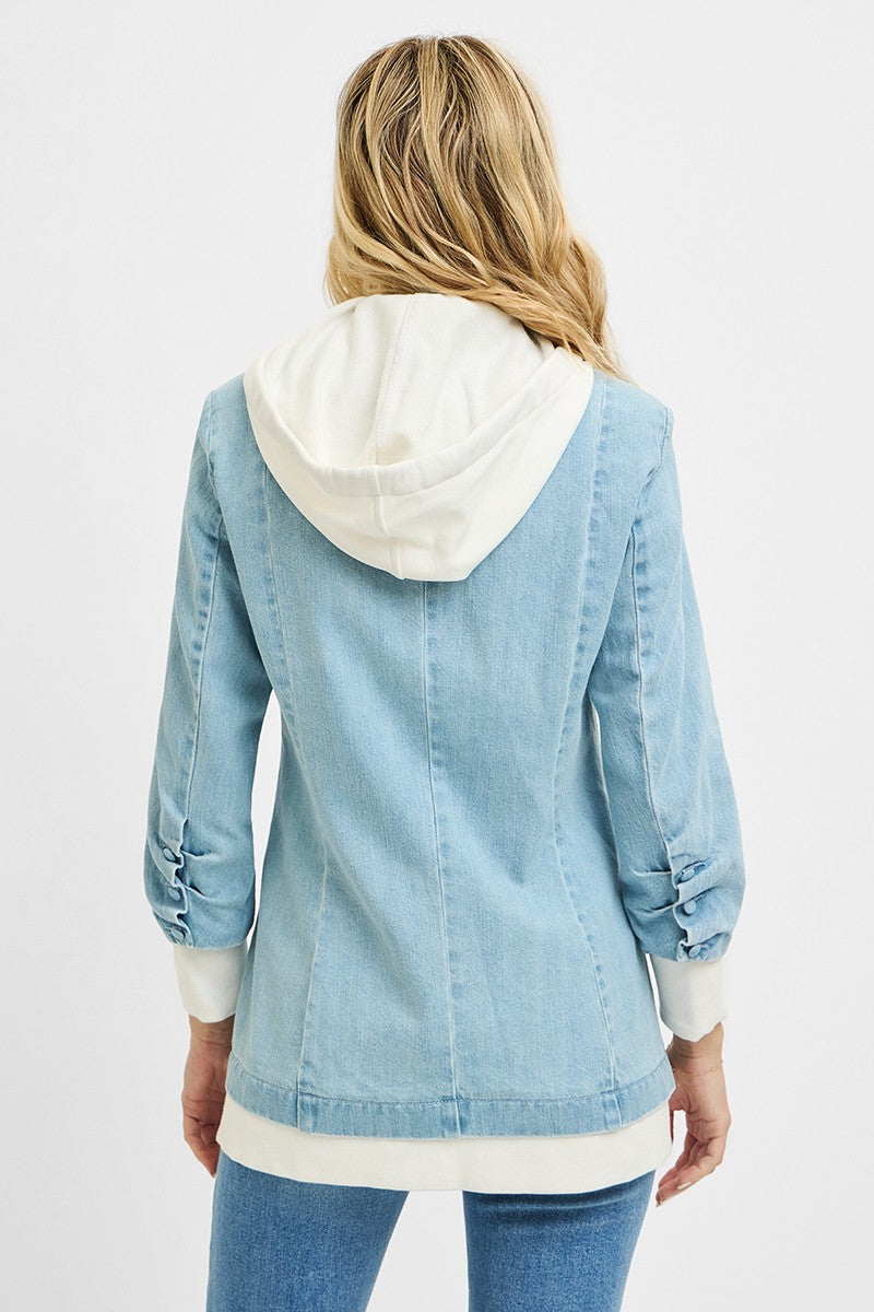 One-button denim blazer with layered zip-up hoodie