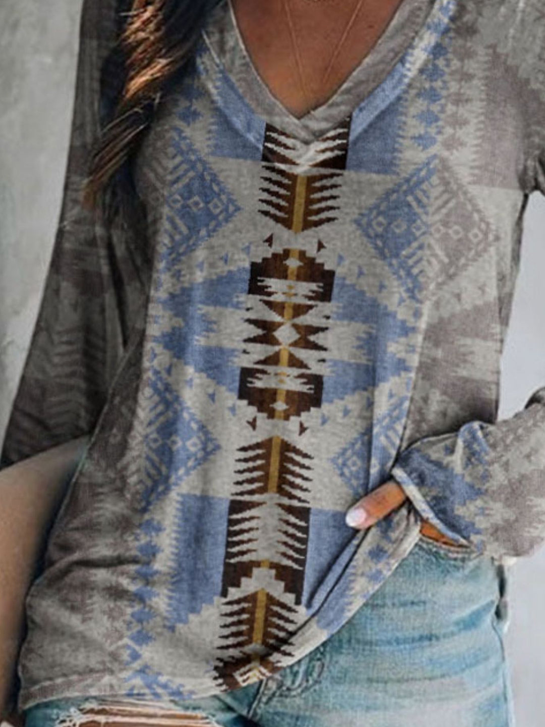 Aztec geometric print v-neck long sleeve top