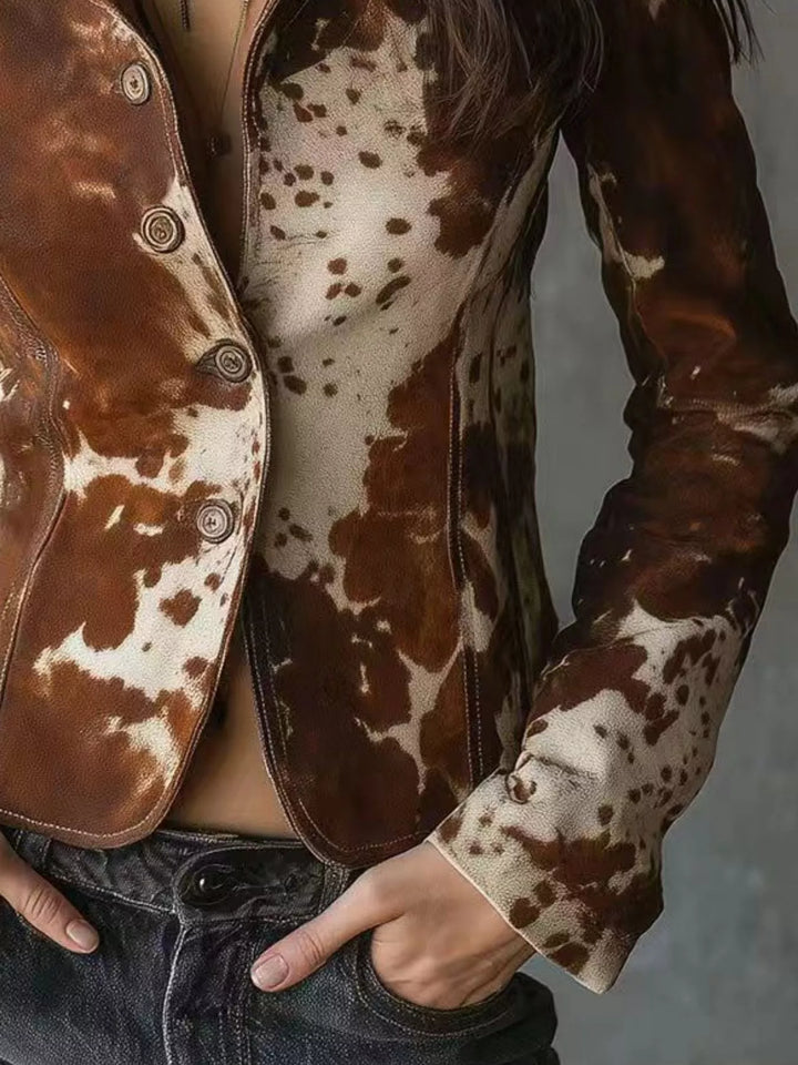Fitted cow print button-up blazer with stand collar