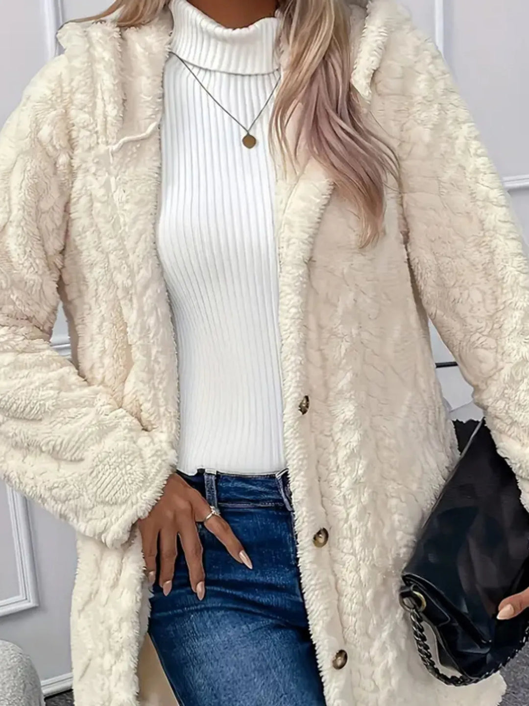 Textured faux fur teddy coat with button front