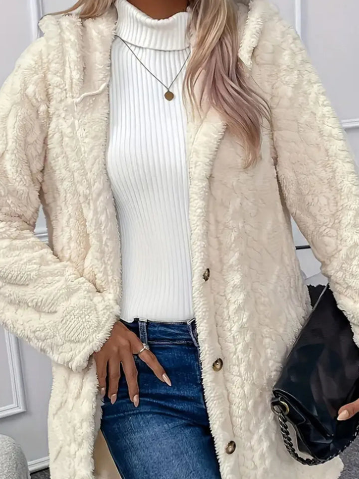 Textured faux fur teddy coat with button front