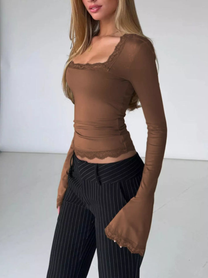 Lace trim long sleeve top with square neck and bell cuffs