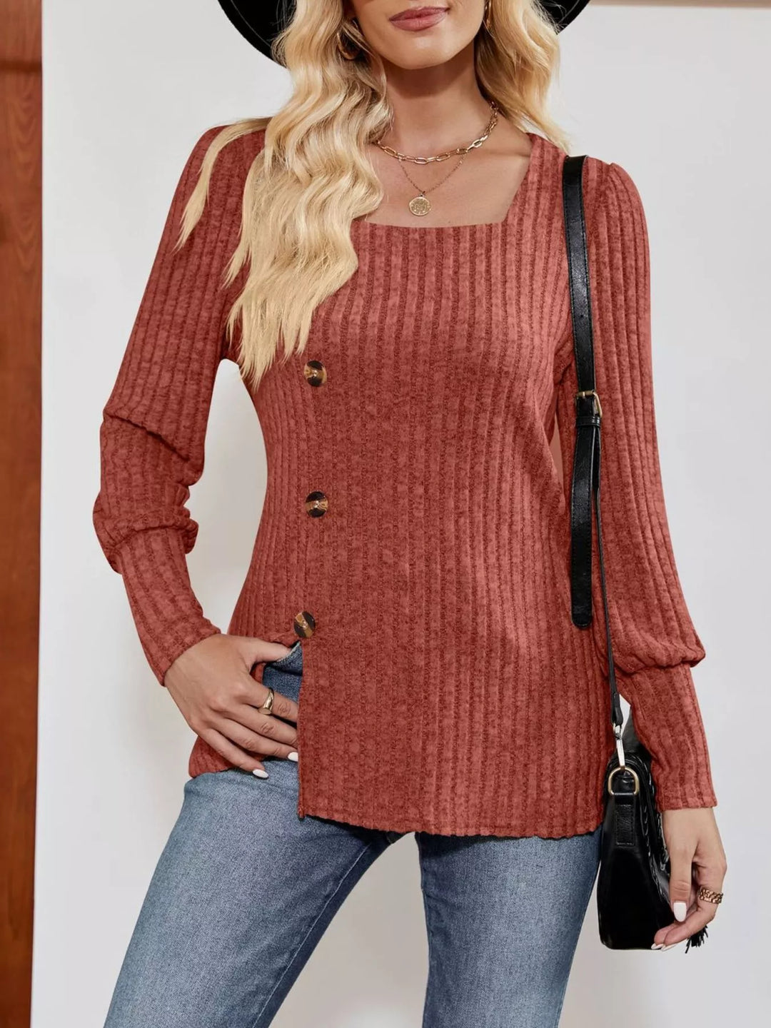 Ribbed knit square-neck top with button trim and side slit