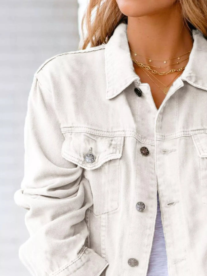 Cropped button-up denim jacket with chest pockets