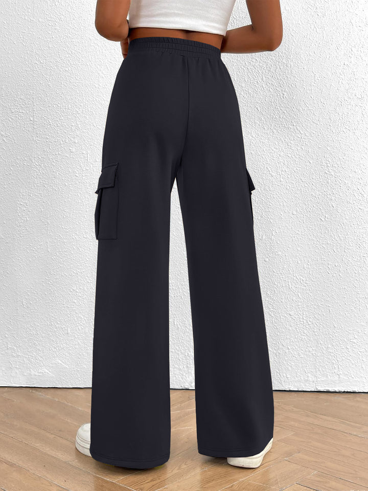 Drawstring high-waist wide-leg cargo pants with flap pockets