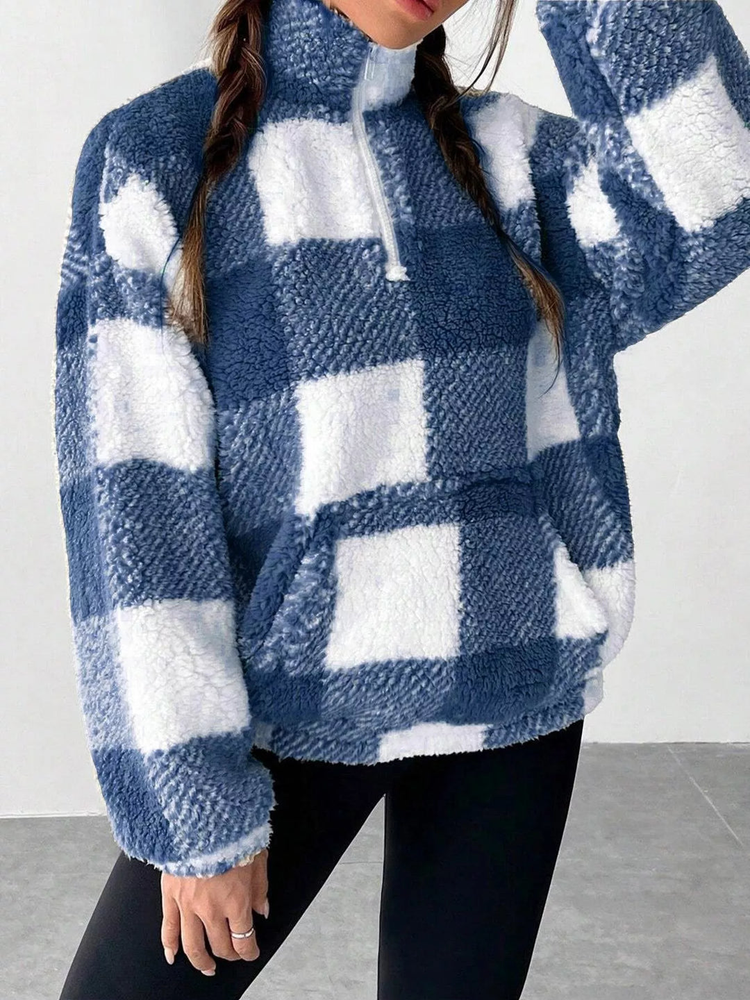 Plaid sherpa quarter-zip pullover with front pocket