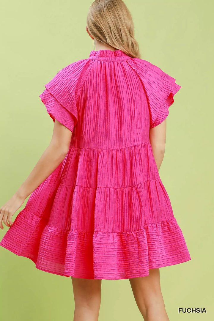 Textured tiered mini dress with flutter ruffle sleeves