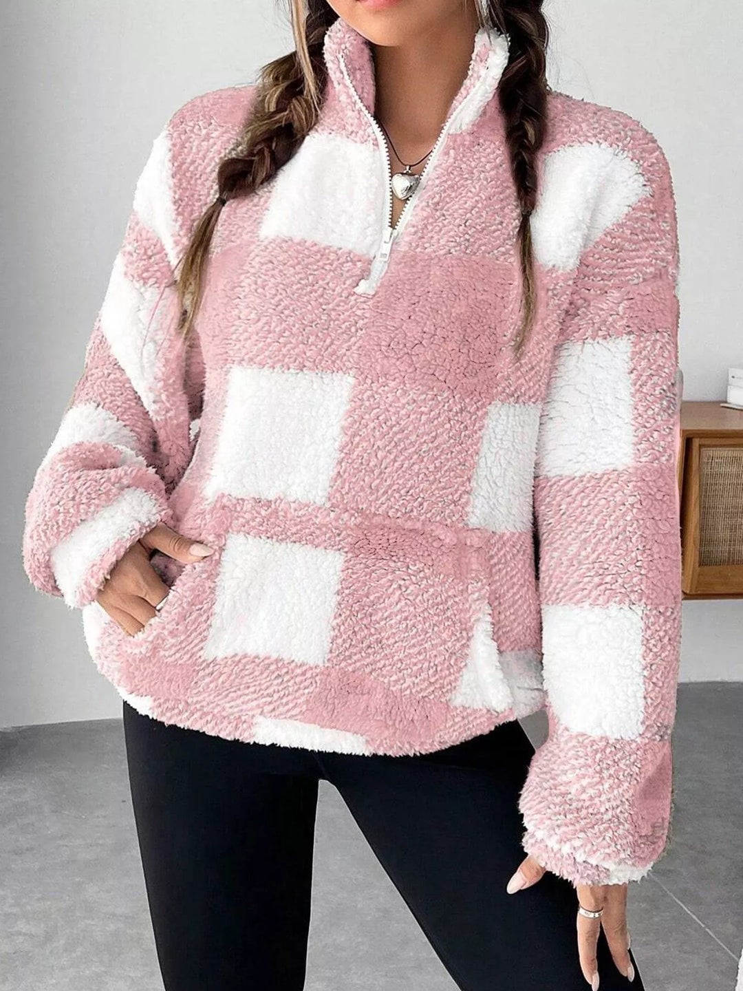 Plaid sherpa quarter-zip pullover with front pocket