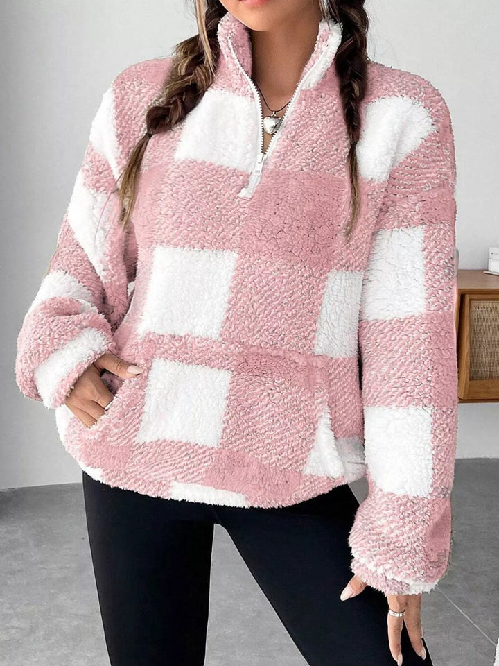 Plaid sherpa quarter-zip pullover with front pocket