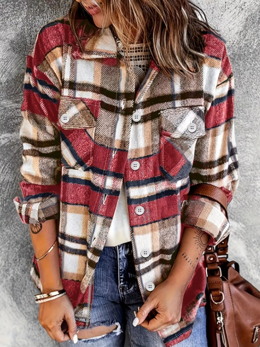 Scarlet Plaid flannel button-down shacket with chest pockets