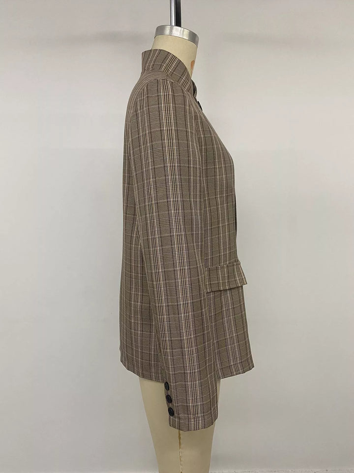 Plaid asymmetric single-button blazer with stand collar