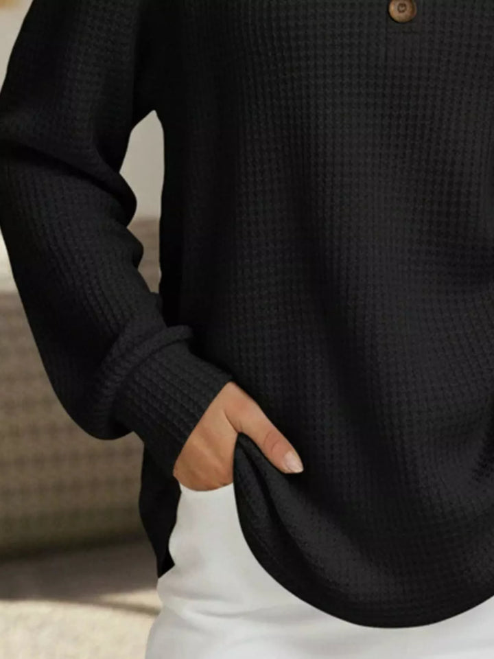 Waffle-knit long sleeve henley top with buttoned V-neck
