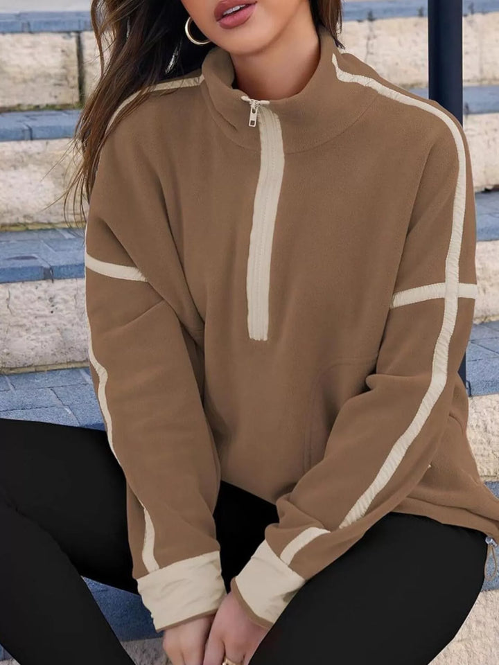 Brown Half-zip fleece pullover with contrast trim and zip pockets