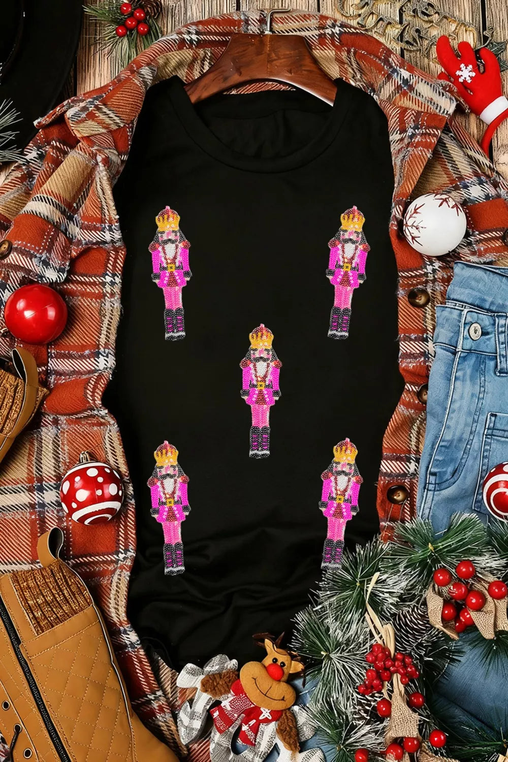 Sequin nutcracker Christmas crew neck t-shirt