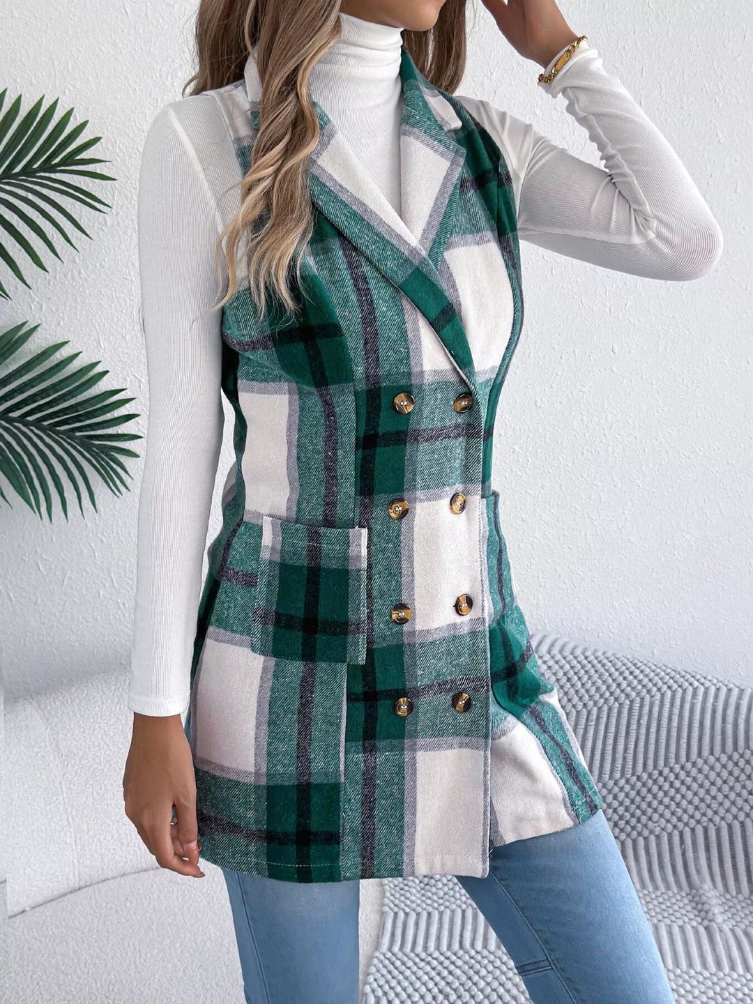 Plaid double-breasted longline vest coat with notched lapel