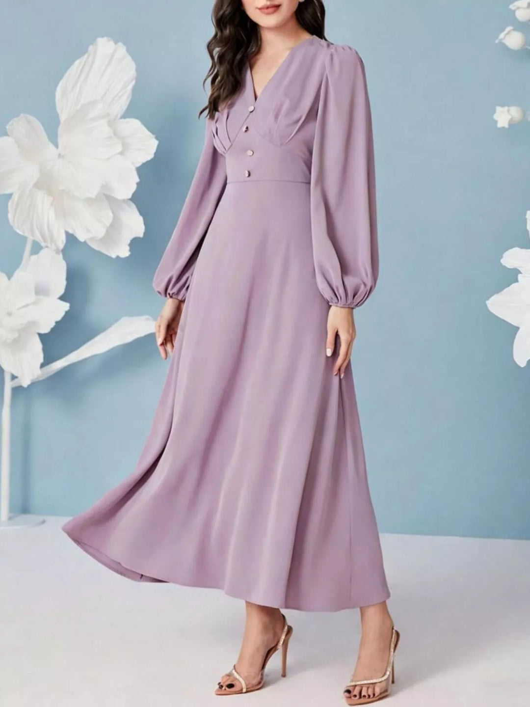 V-neck balloon sleeve maxi dress with button bodice