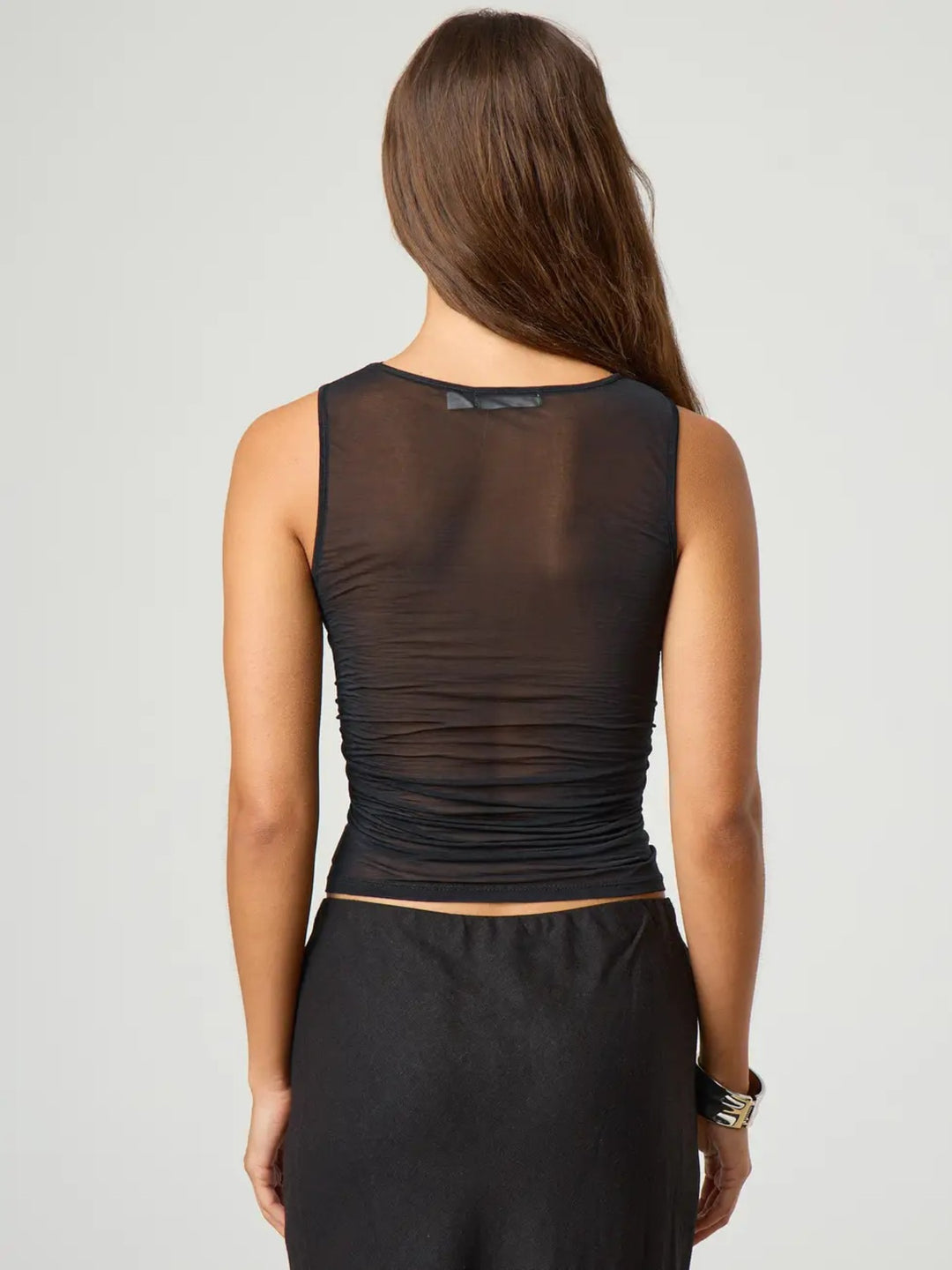Ruched sheer mesh sleeveless round neck tank top