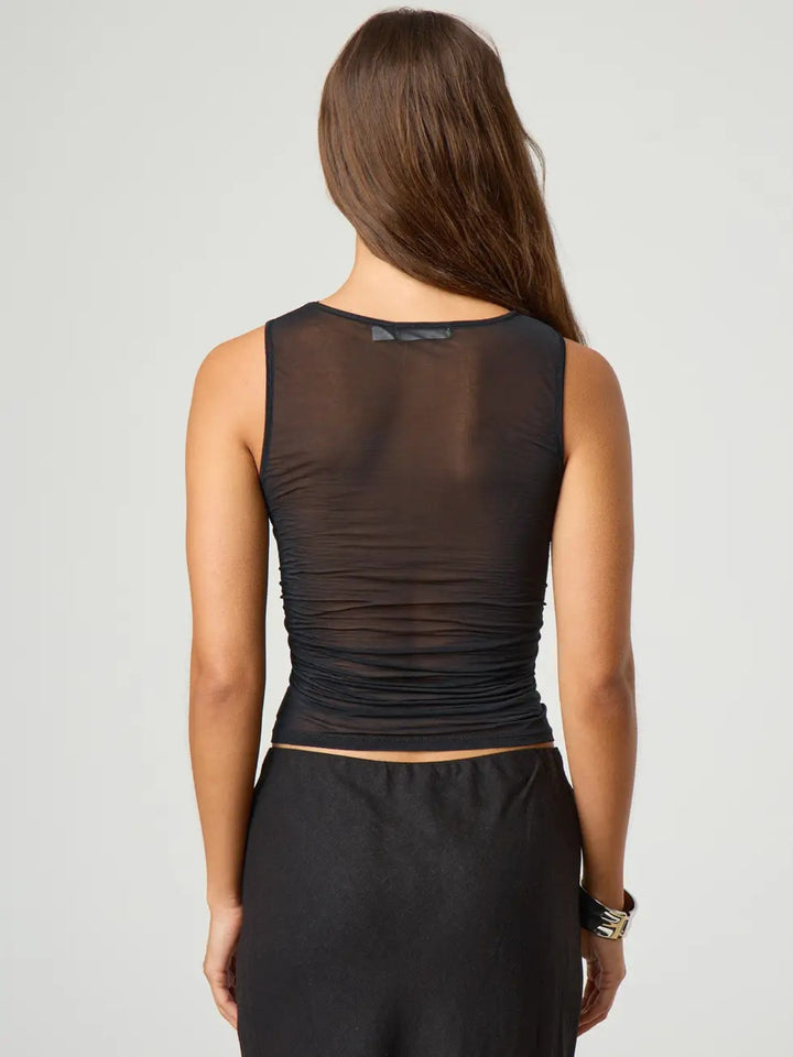 Ruched sheer mesh sleeveless round neck tank top