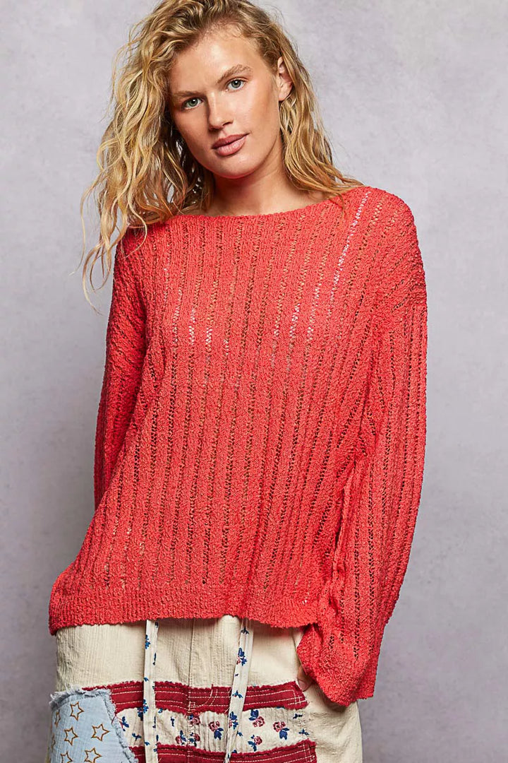 APPLE RED Open-weave knit sweater with relaxed drop-shoulder fit