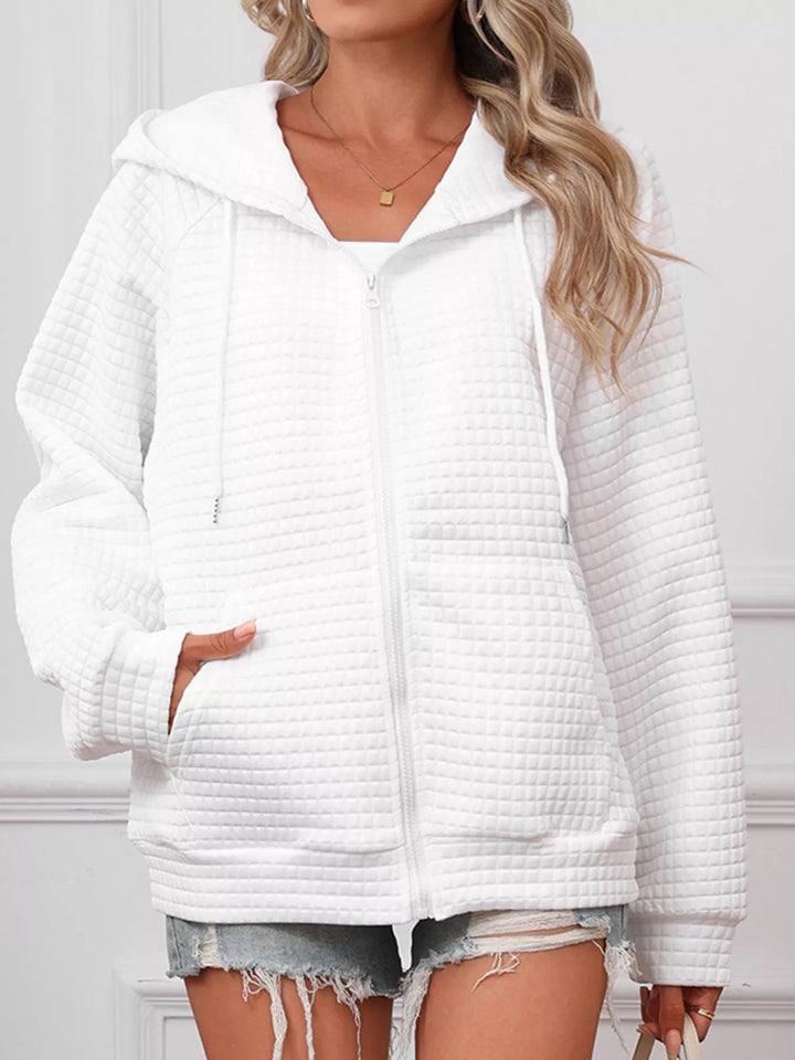 Textured quilted zip-up hooded jacket with pockets
