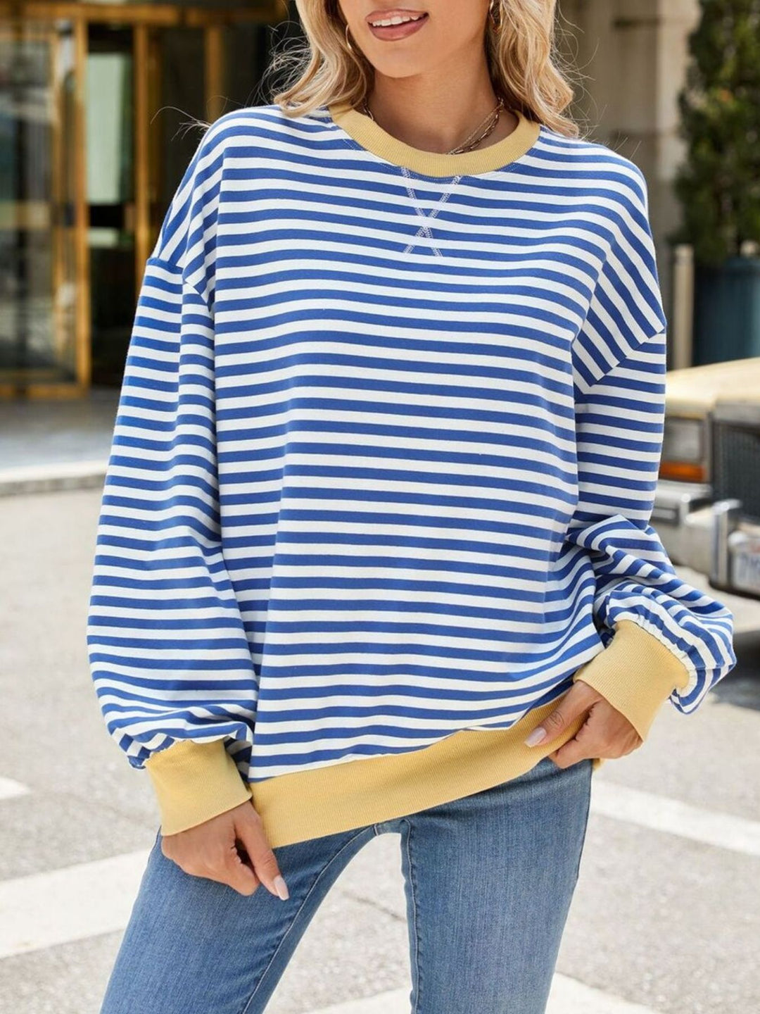 Striped crew neck sweatshirt with contrast ribbed trim