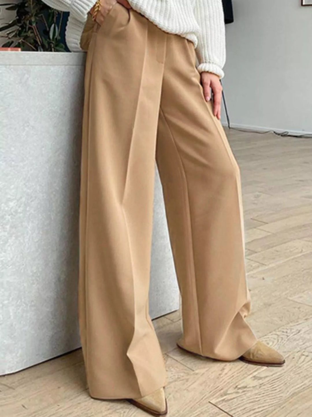 Khaki Pleated wide-leg dress pants with high-rise waist