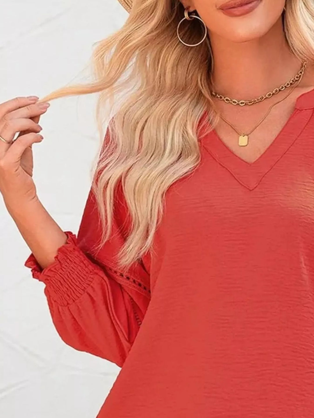 Openwork lace trim blouse with smocked cuffs and split neck