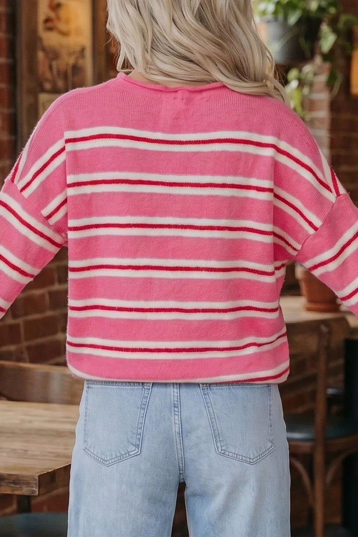 Striped knit button-front cardigan with rolled crew neck