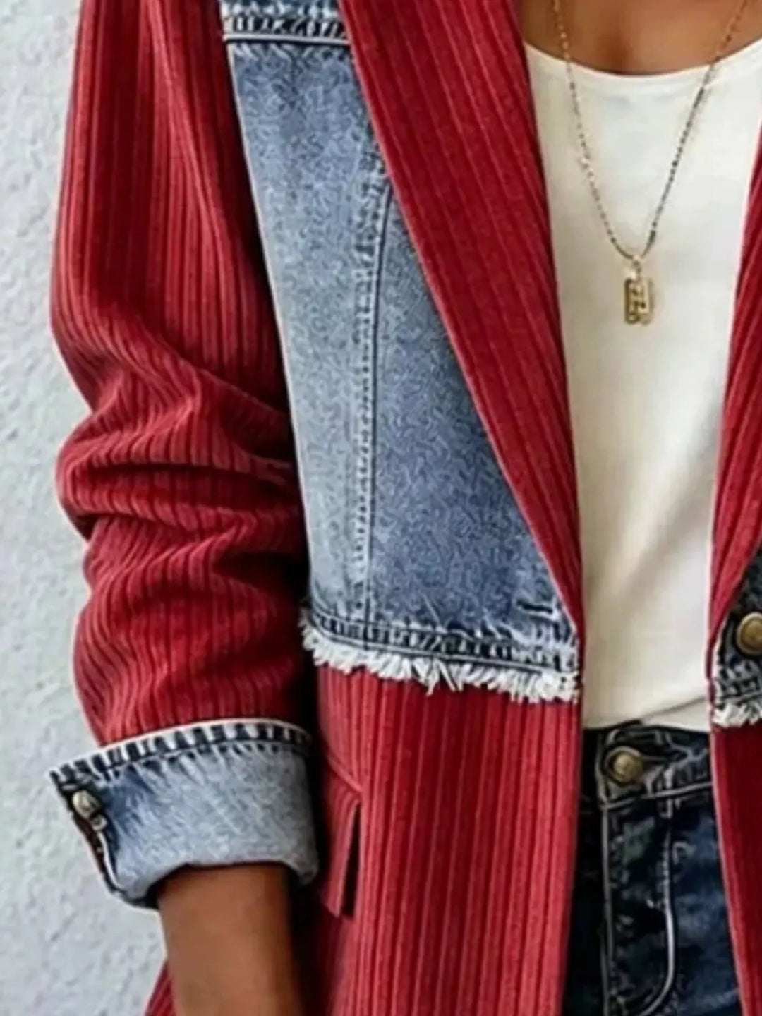 Denim patchwork ribbed blazer with raw hem and notch lapels