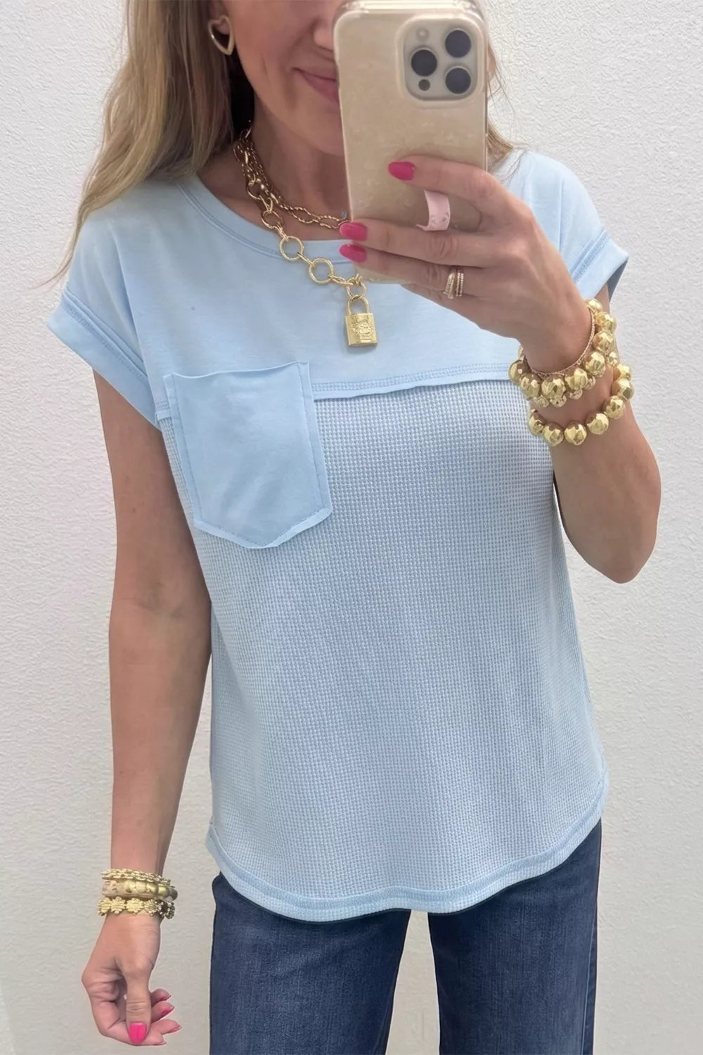 Light Blue Waffle knit pocket tee with cuffed short sleeves
