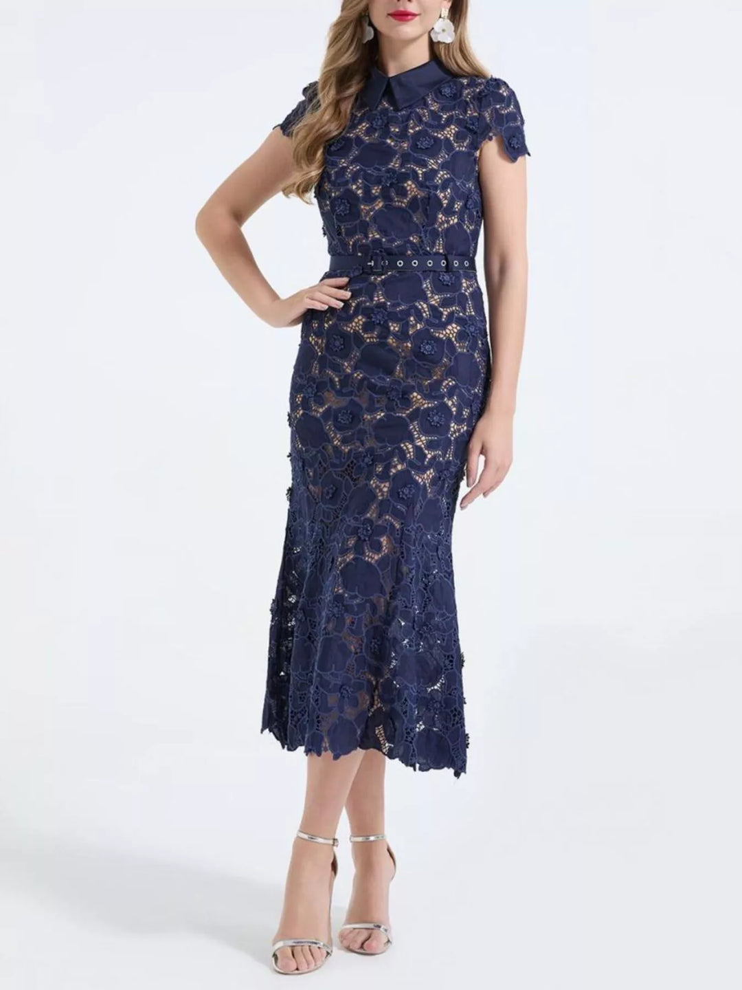 Floral lace midi dress with collar and belted waist