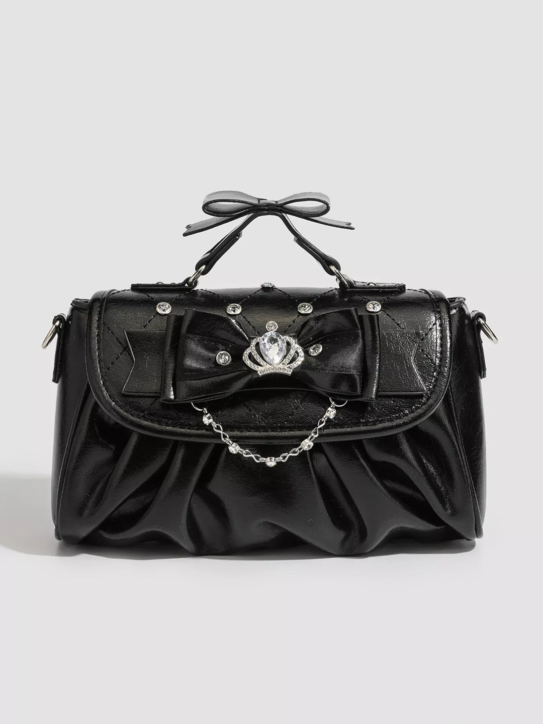 Ruched bow crossbody bag with rhinestone chain strap