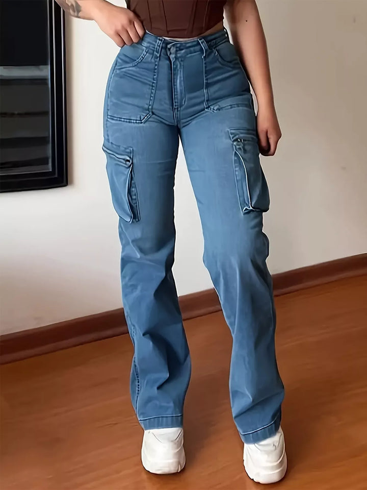 Sky Blue High-rise straight-leg cargo jeans with flap pockets
