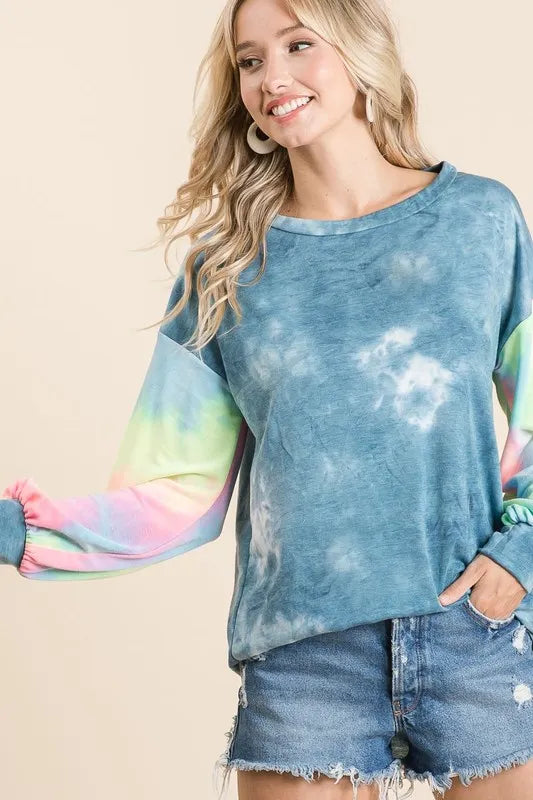 Tie-dye French terry top with contrast rainbow sleeves