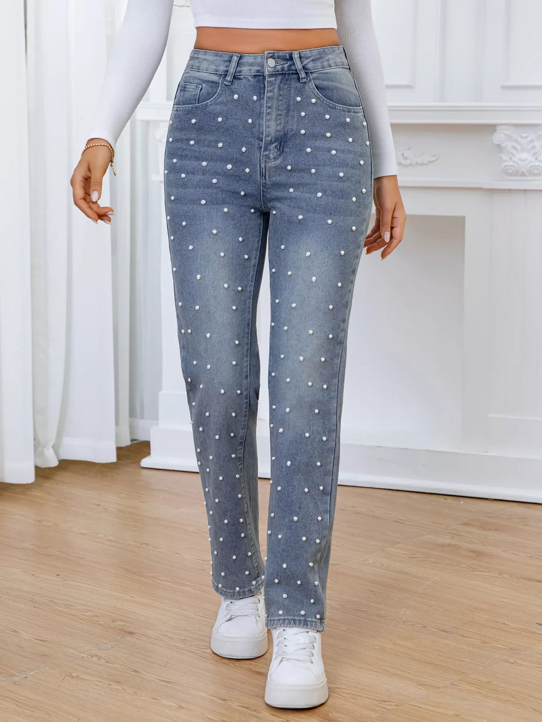 Sea blue Pearl embellished high-rise straight leg jeans
