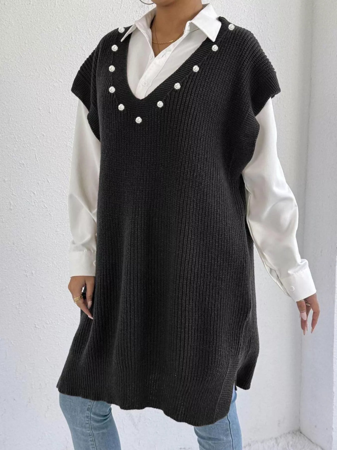 Black Pearl-trim V-neck ribbed sweater dress with side slits