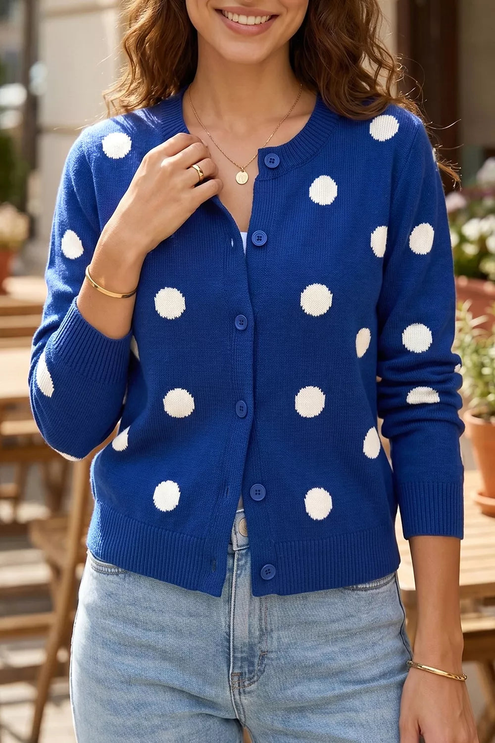 Royal Blue Polka dot knit button-front cardigan with ribbed trim