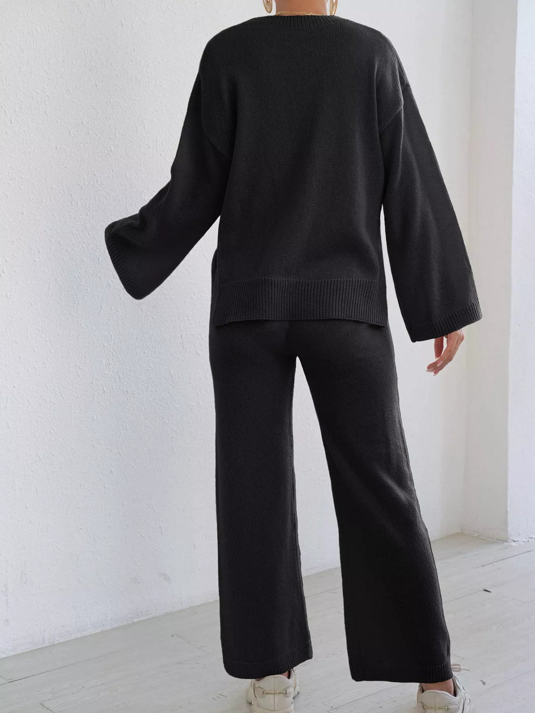 Drop shoulder knit sweater and wide leg pants set