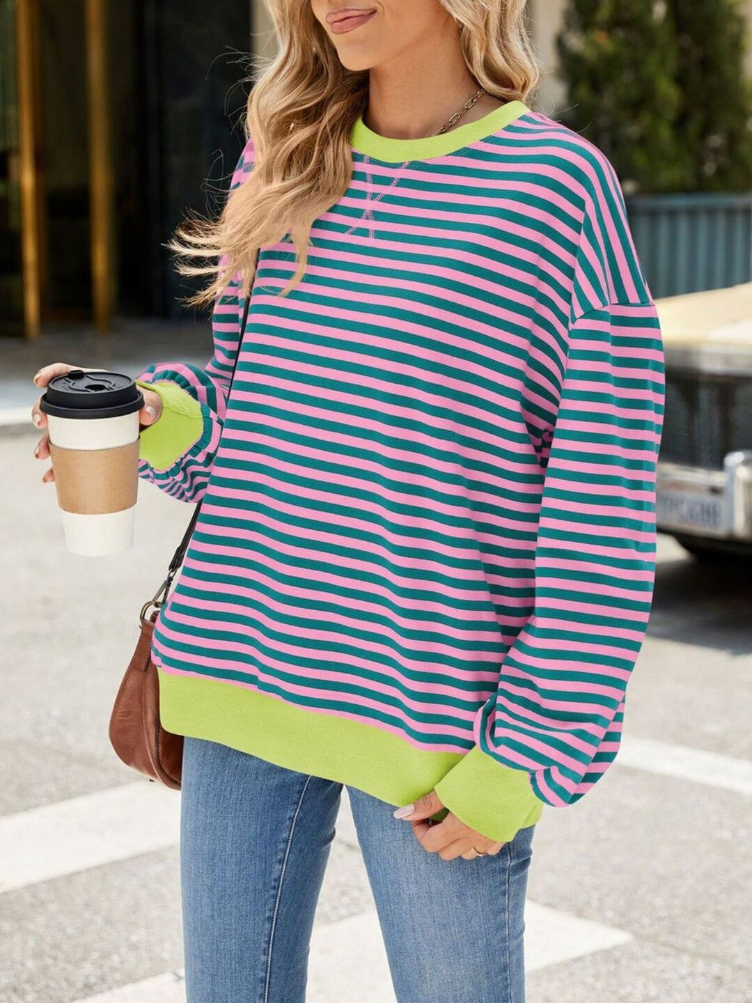 Striped crew neck sweatshirt with contrast ribbed trim