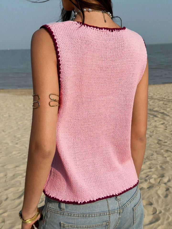 Button-front knit sweater vest with contrast whipstitch trim